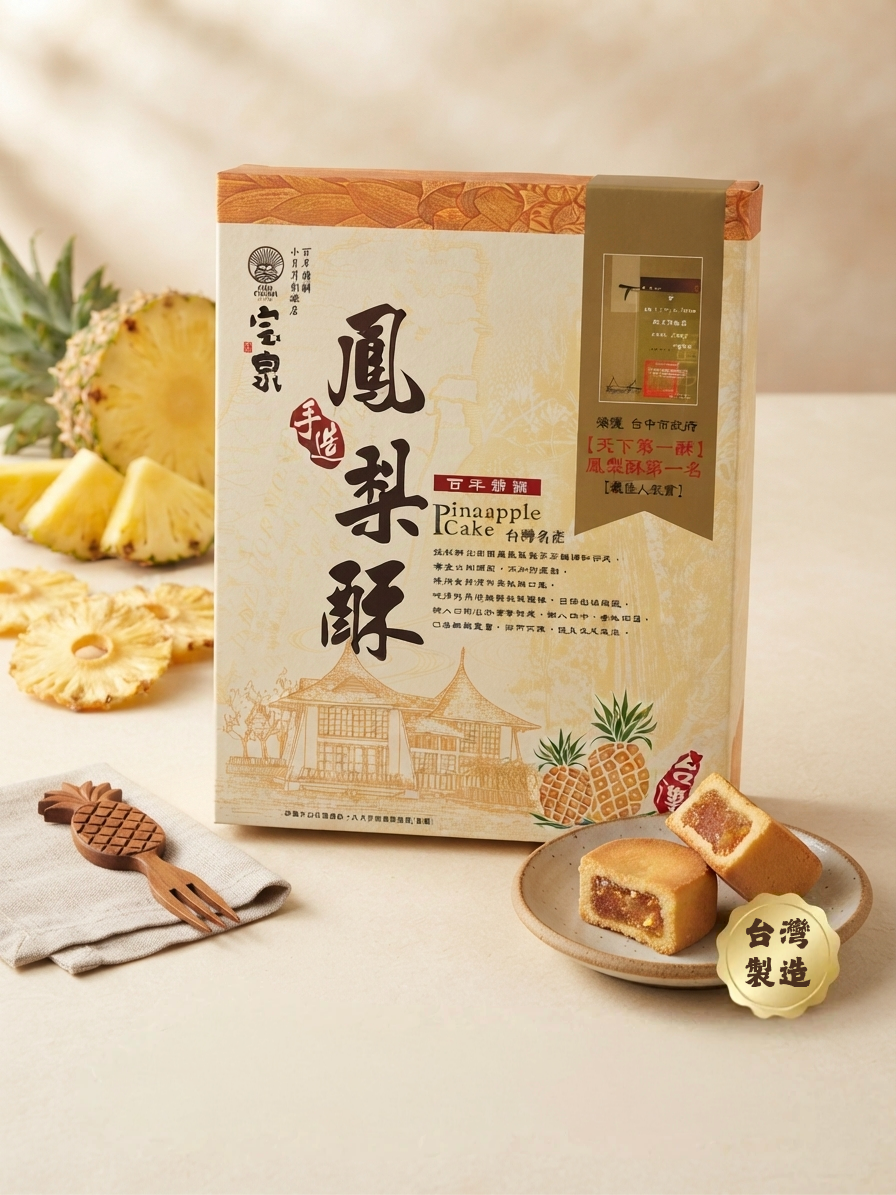 正宗台灣本土鳳梨酥，金黃酥脆外皮搭配木質盤飾，香港直送台灣古早味伴手禮